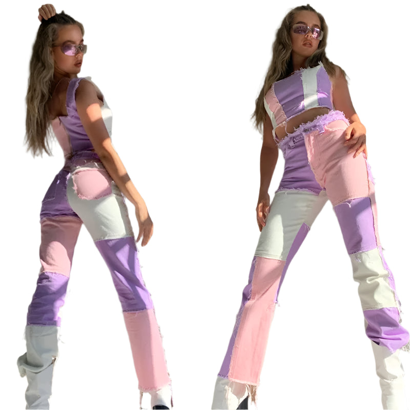 Patch Pop Fray-Trim Color-Block Jeans.