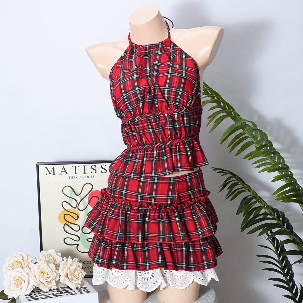Brat Backlash Plaid Set | Lace-Up Backless Top & Zipper Skirt Two-Piece