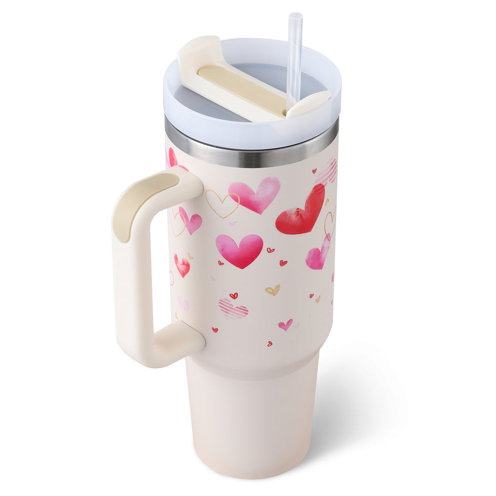 Heart Sip 40oz Insulated Tumbler | Spill-Proof Stainless Steel Travel Cup with Straw & Handle