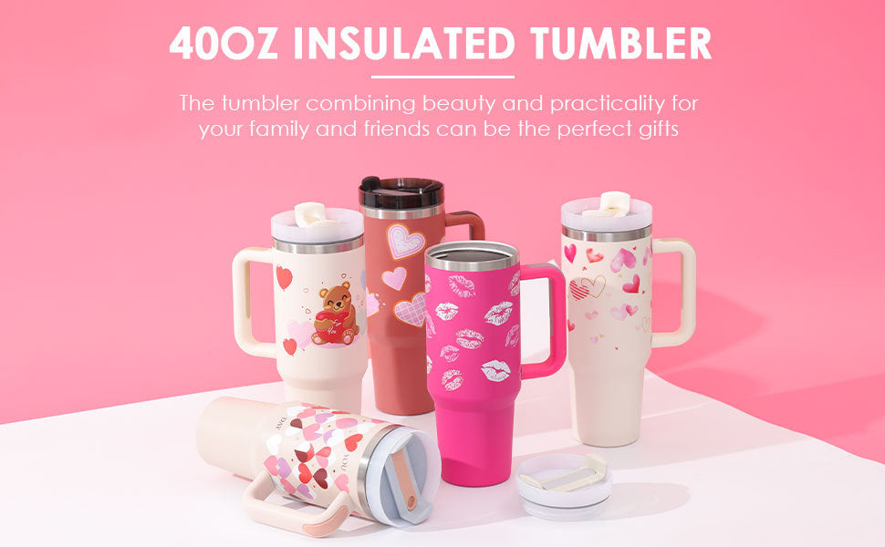Heart Sip 40oz Insulated Tumbler | Spill-Proof Stainless Steel Travel Cup with Straw & Handle