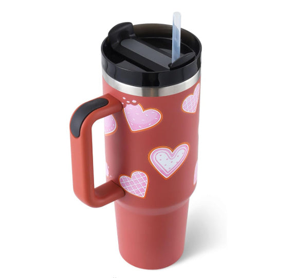 Heart Sip 40oz Insulated Tumbler | Spill-Proof Stainless Steel Travel Cup with Straw & Handle