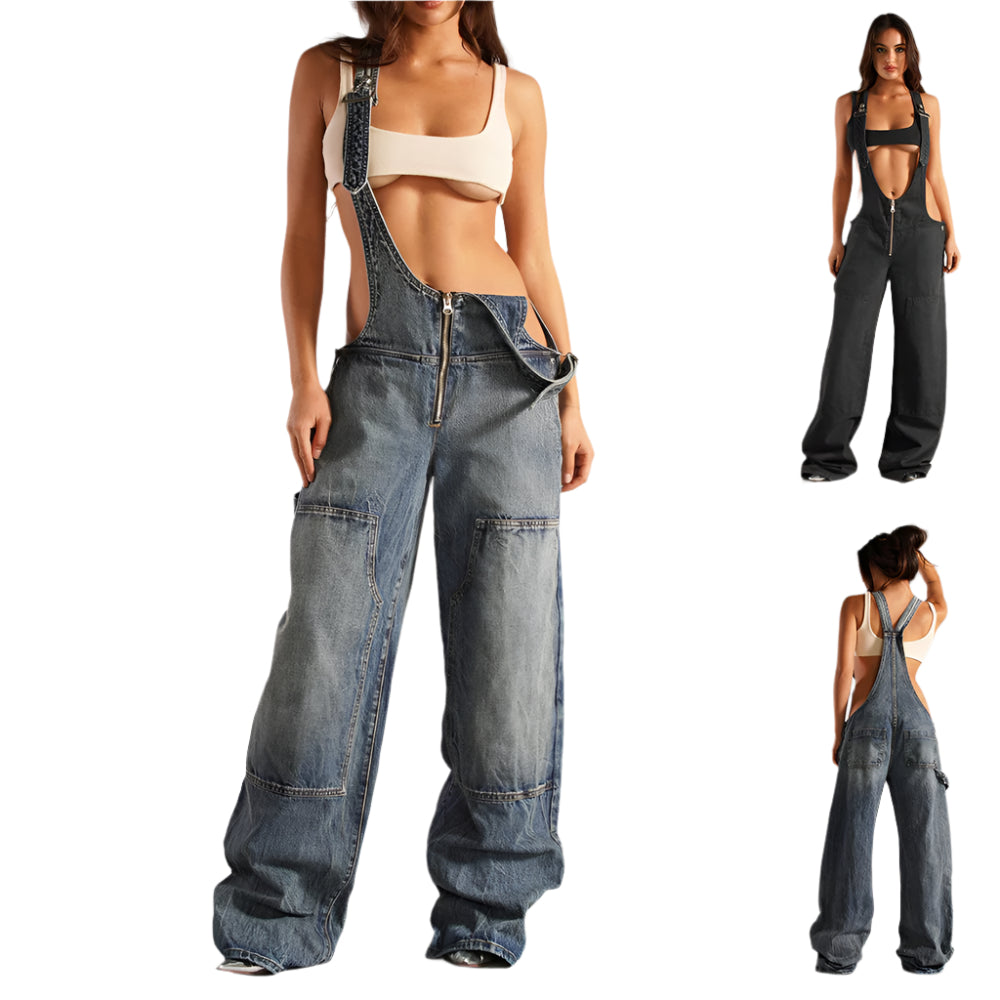 Retro Zip Denim Overalls | Y2K Suspender Streetwear