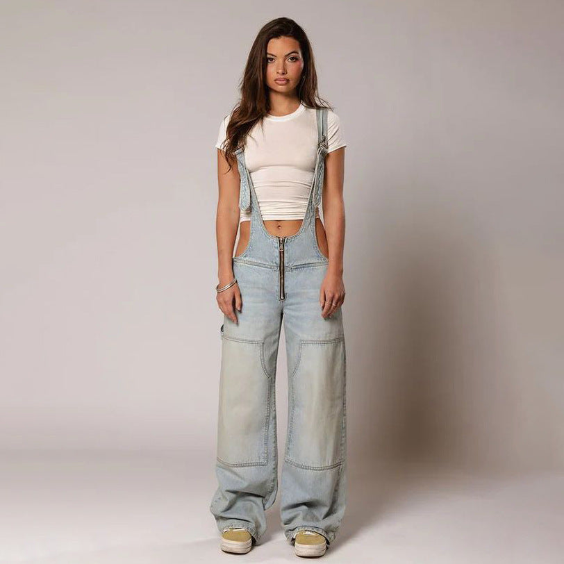 Retro Zip Denim Overalls | Y2K Suspender Streetwear
