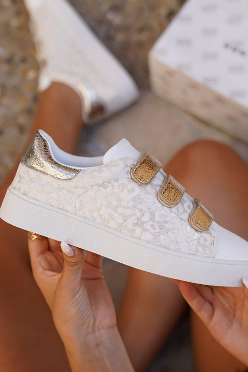 Cosmic Pounce White Leopard Velcro Kicks.
