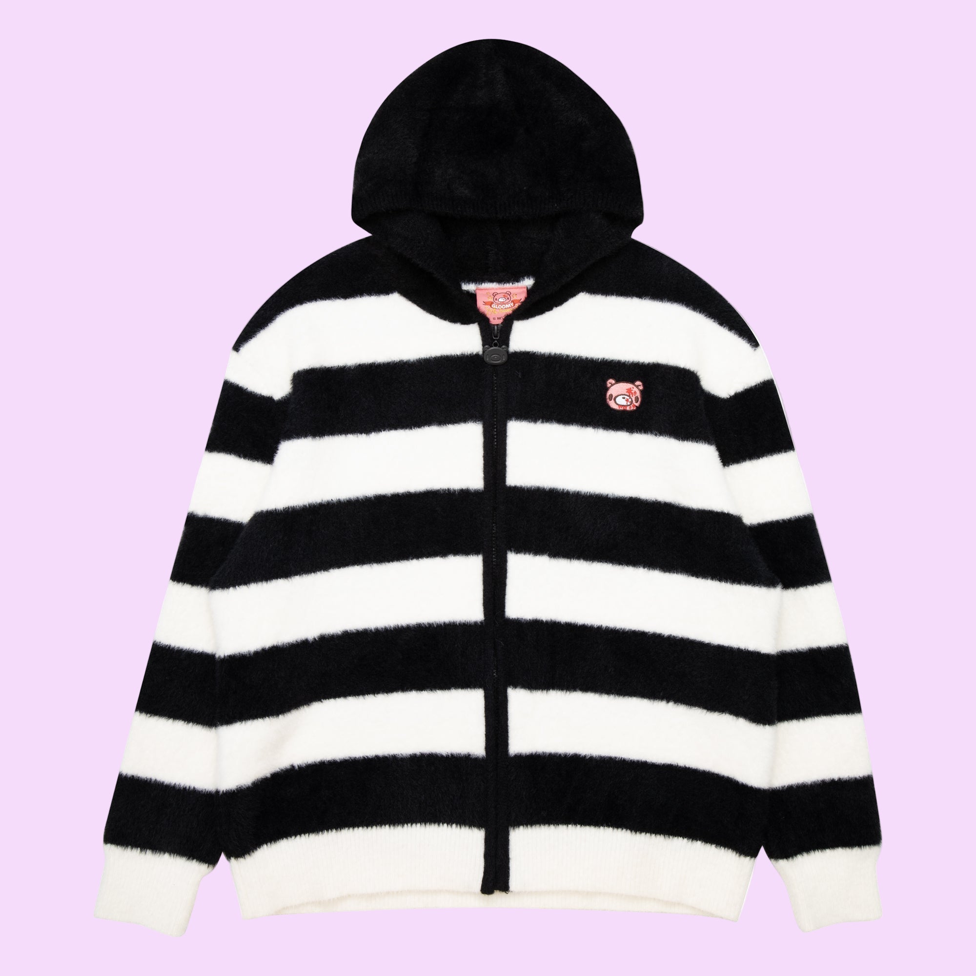 Gloomy Bear Striped Fuzzy Zip Up Jacket