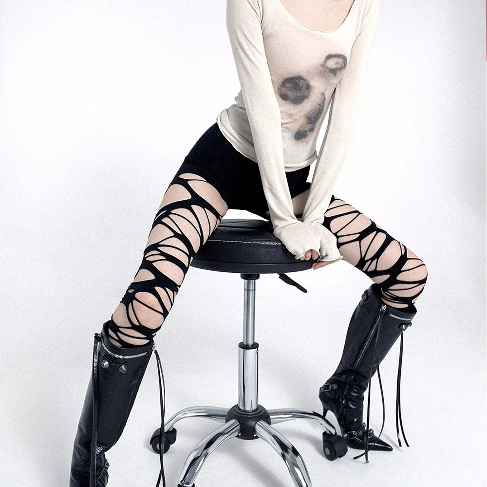Ragged Rebel Stockings – Y2K Gothic Torn Strap Tights