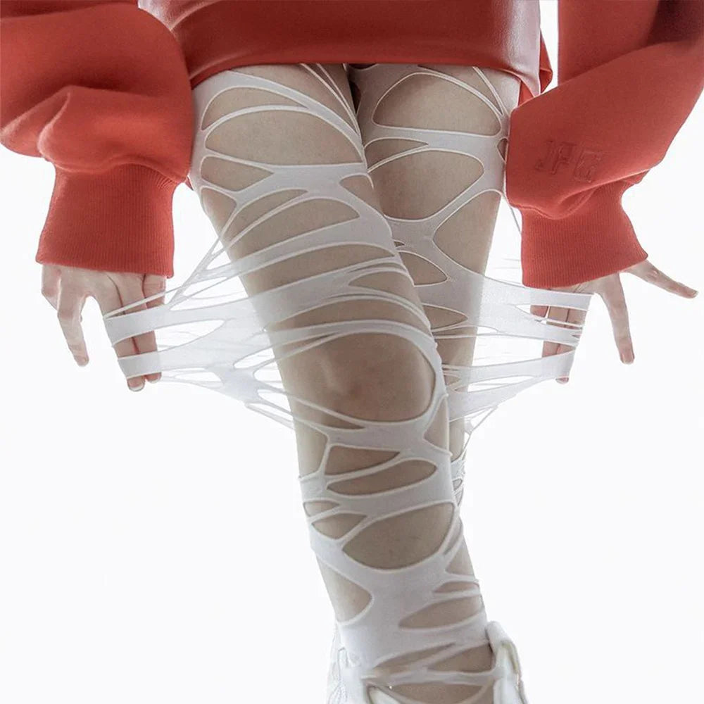 Ragged Rebel Stockings – Y2K Gothic Torn Strap Tights