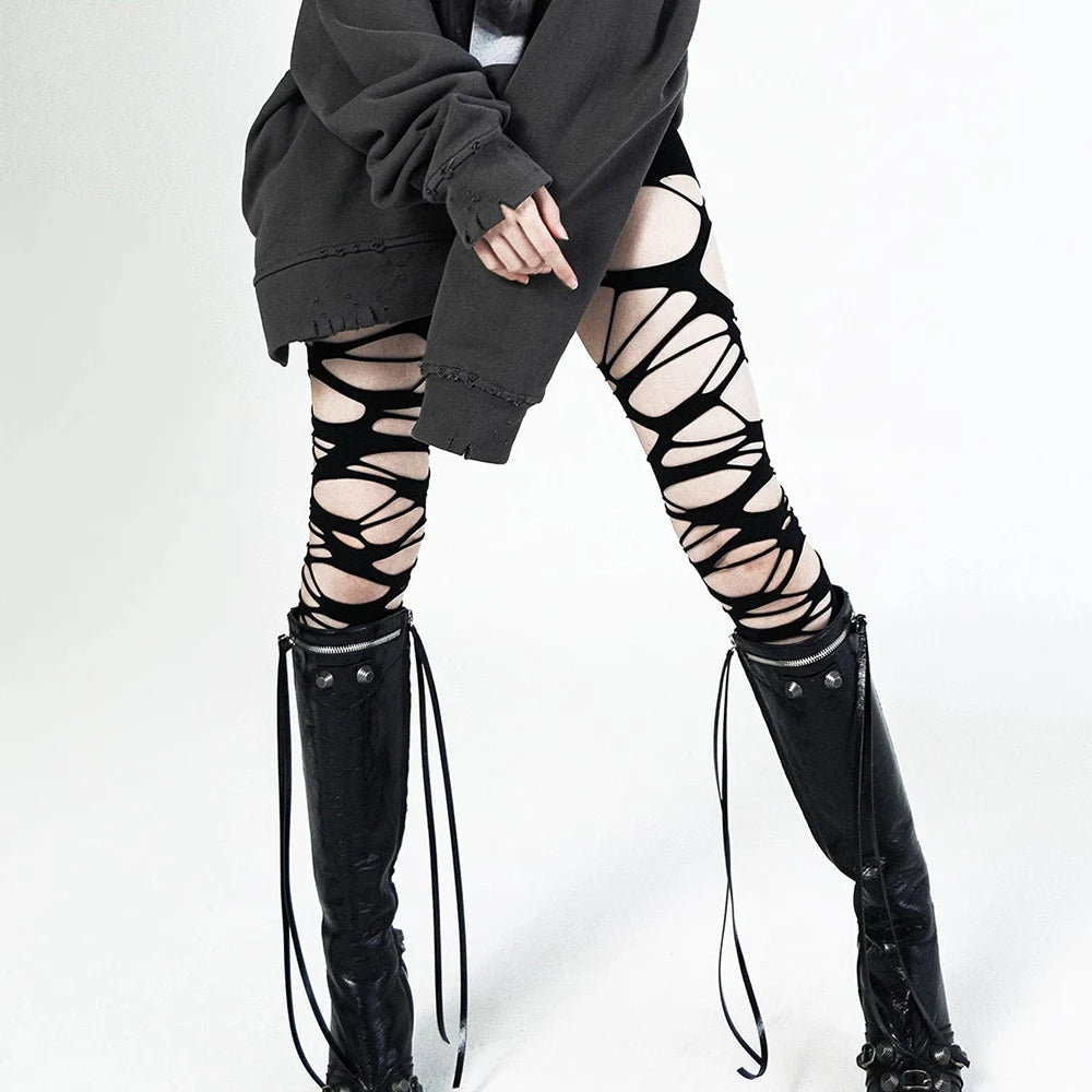 Ragged Rebel Stockings – Y2K Gothic Torn Strap Tights