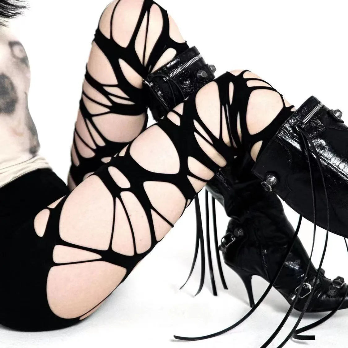 Ragged Rebel Stockings – Y2K Gothic Torn Strap Tights