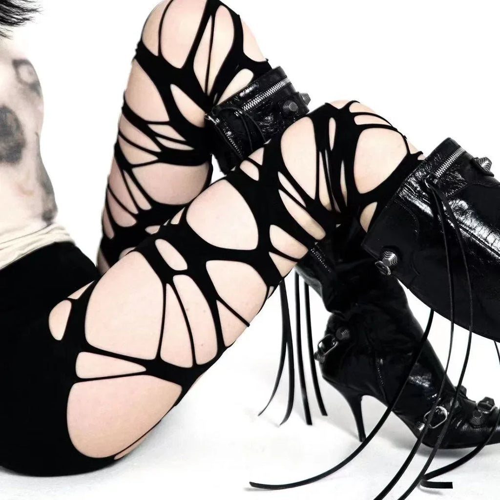 Ragged Rebel Stockings – Y2K Gothic Torn Strap Tights