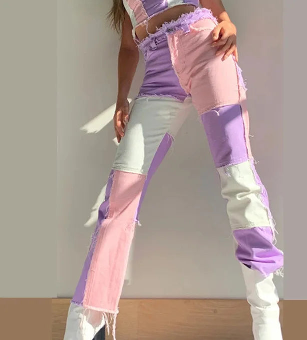 Patch Pop Fray-Trim Color-Block Jeans.