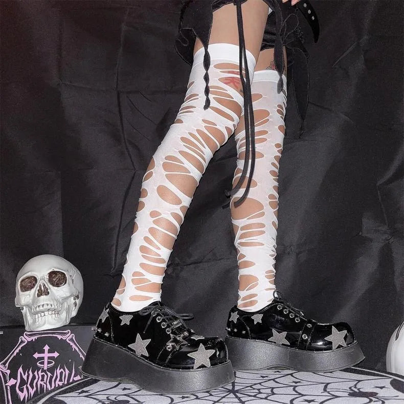 Ragged Rebel Stockings – Y2K Gothic Torn Strap Tights