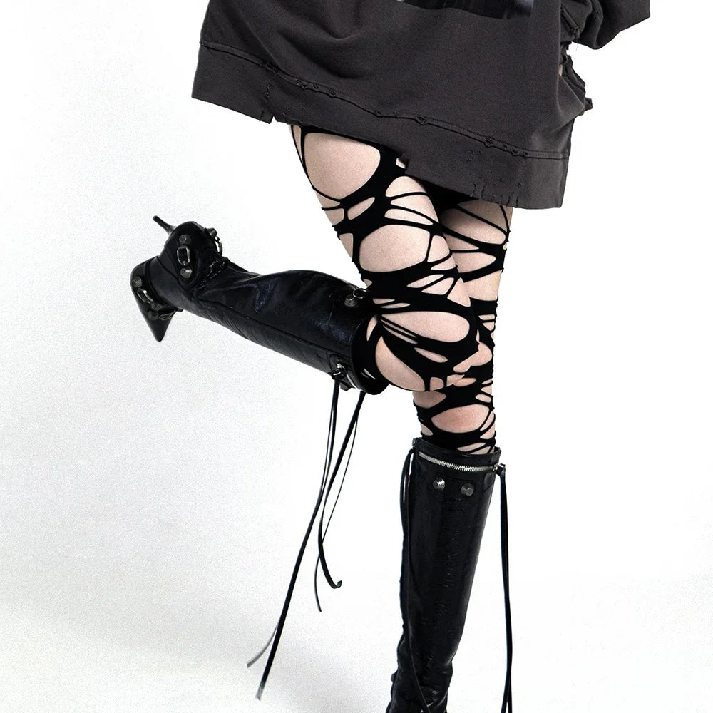 Ragged Rebel Stockings – Y2K Gothic Torn Strap Tights