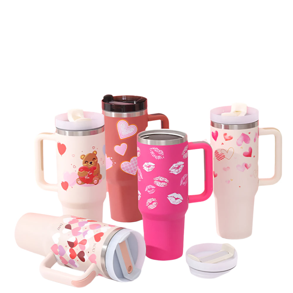 Heart Sip 40oz Insulated Tumbler | Spill-Proof Stainless Steel Travel Cup with Straw & Handle