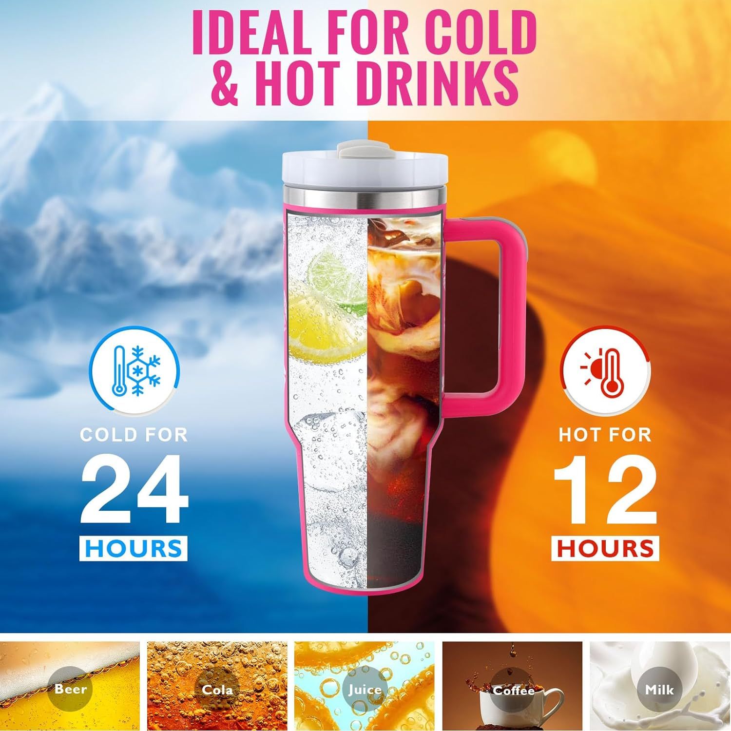 Heart Sip 40oz Insulated Tumbler | Spill-Proof Stainless Steel Travel Cup with Straw & Handle