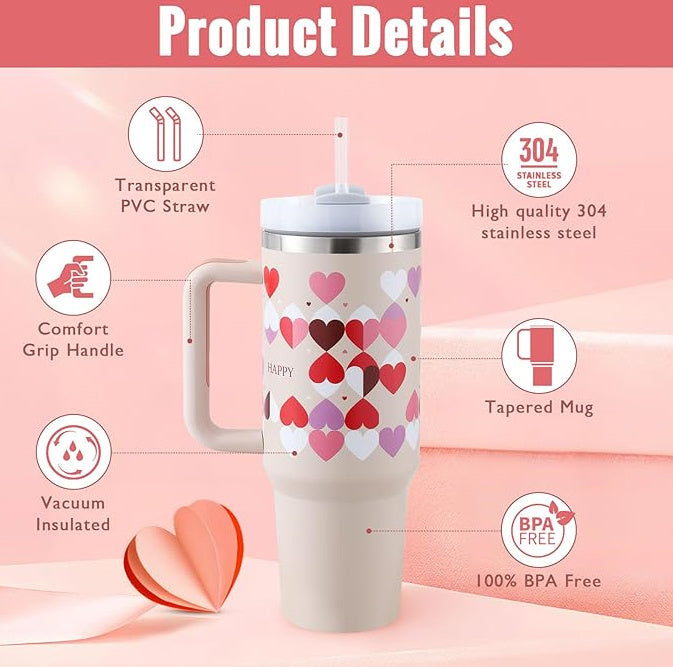 Heart Sip 40oz Insulated Tumbler | Spill-Proof Stainless Steel Travel Cup with Straw & Handle