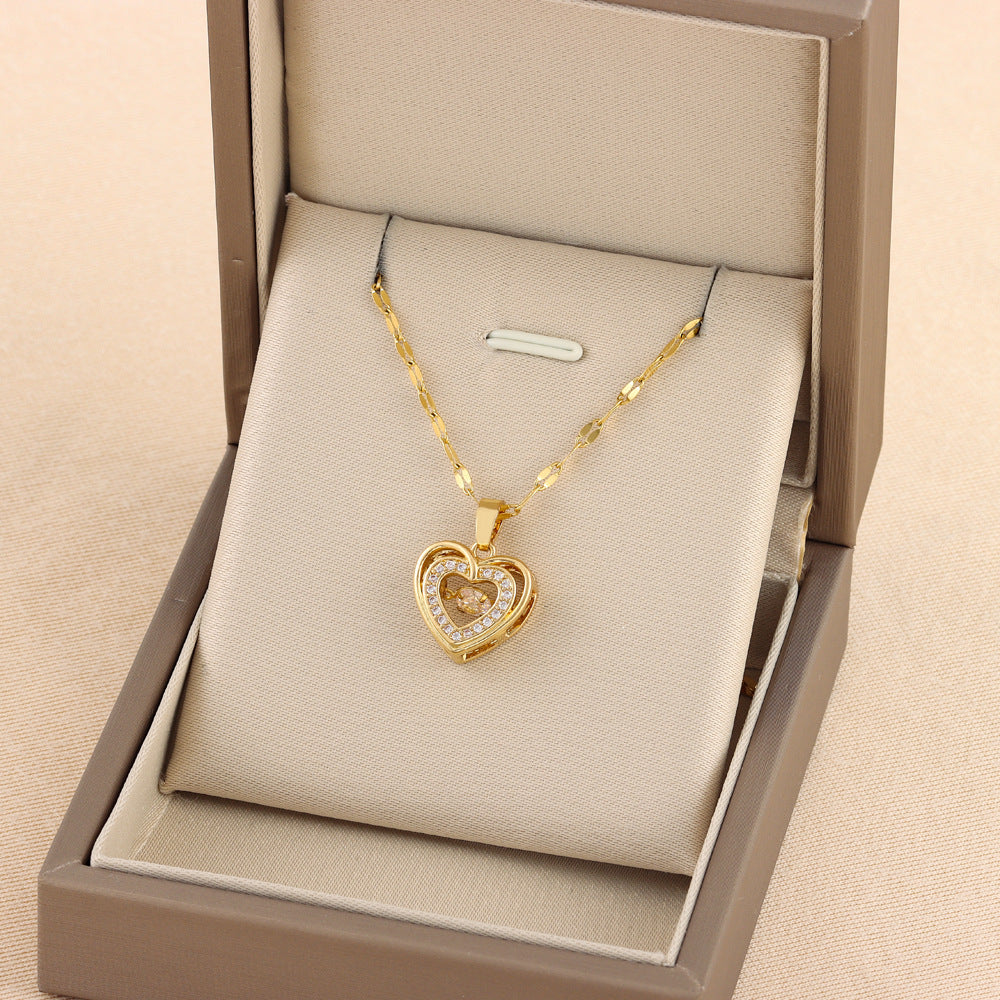 Sweetheart Layered Love Necklace | Rhinestone Heart Pendant in Titanium Steel