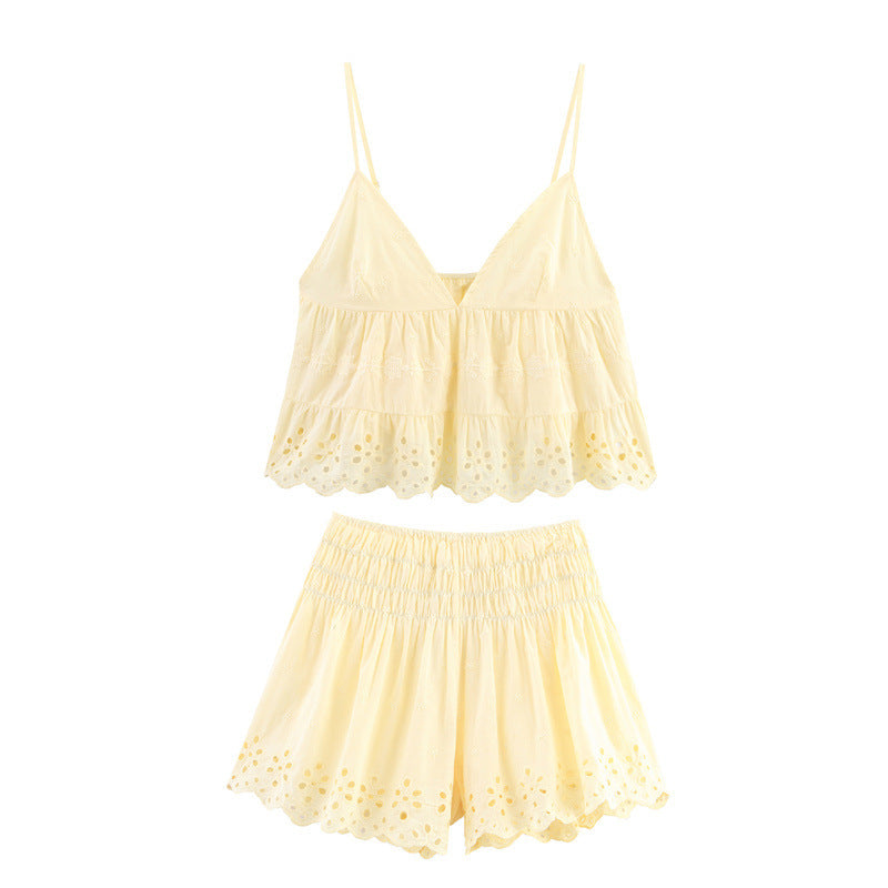 Sugar Petal Poplin Set | Embroidered Sleeveless Top & Casual Shorts Two-Piece