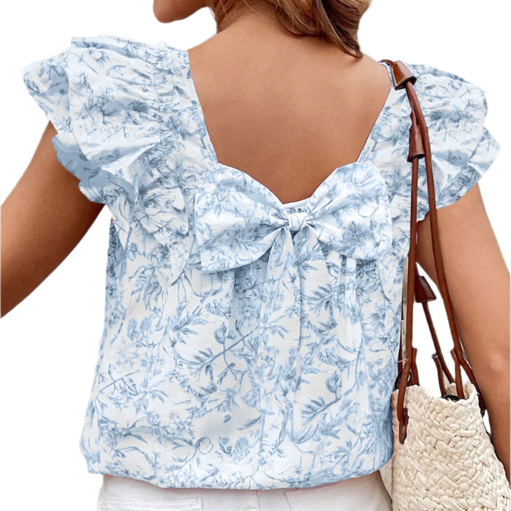 Blueberry Bloom Blouse — Ruffle & Bow Back.