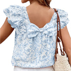 Blueberry Bloom Blouse — Ruffle & Bow Back.