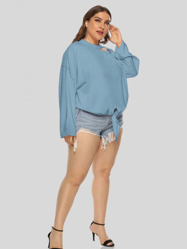 Bow Breeze Hollow Shoulder Long Sleeve Tee – Plus Size Cozy Chic