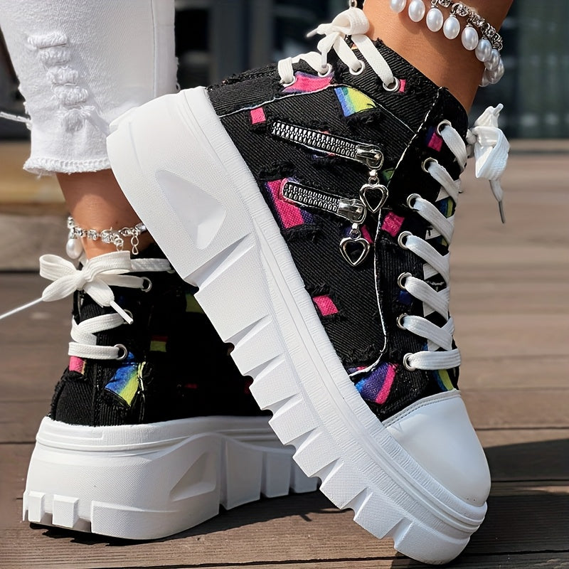  Heart Print Double Zipper Laceup Sneakers